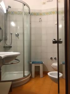 a bathroom with a shower and a sink and a toilet at Piccolo Hotel in Castiglione della Pescaia