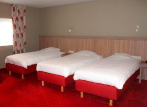two twin beds in a room with a red carpet at La Couronne in Welkenraedt