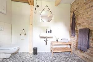 a bathroom with a sink and a toilet and a mirror at Scheune de Lütt - Kleine Scheune ganz groß am Rande der Schorfheide - Natur pur in Marienwerder