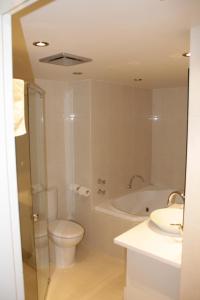 a bathroom with a toilet and a tub and a sink at The River Inn Thredbo in Thredbo