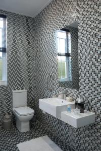 La salle de bains est pourvue de toilettes, d'un lavabo et d'un miroir. dans l'établissement Nieuwerust, à Prince Albert