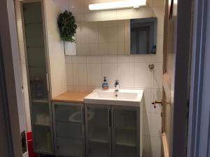 a bathroom with a sink and a mirror at Marifjøra Sjøbuer in Marifjora