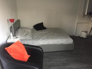 een slaapkamer met een bed met een oranje kussen en een bank bij Studio indépendant très calme in Saint-Jean-de-Védas