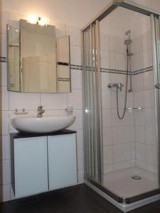 y baño con lavabo y ducha con espejo. en Haus Jui, en Zingst