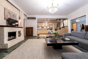 Una sala de estar con un sofá y una chimenea. en Piraeus Port Marouso, en Pireo