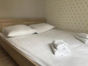 een bed met twee kussens en handdoeken erop bij Golden Apartament Proletariacka in Białystok