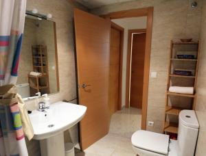 La salle de bains est pourvue d'un lavabo, de toilettes et d'un miroir. dans l'établissement Paseos por Córdoba, à Cordoue