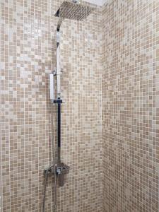 eine Dusche im Bad mit braunen gefliesten Wänden in der Unterkunft Vivienda Tauro in Puerto del Carmen