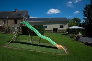 un toboggan vert dans une cour avec une maison dans l'établissement Gite Des Peupliers, à Girondelle