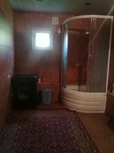 łazienka z prysznicem i dużym lustrem w obiekcie Мзетамзе 59 w Bordżomi