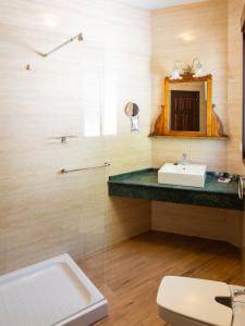 uma casa de banho com um lavatório, um WC e um espelho. em La Mejorana em Grazalema