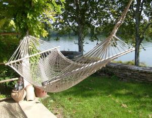 a hammock hanging from a tree next to a lake at Chambre d'hôtes Au Fil de l'Eau in Saint-Martin-Belle-Roche