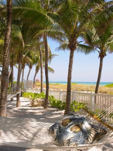 einen Strand mit Palmen und dem Meer in der Unterkunft Grand Beach Hotel in Miami Beach