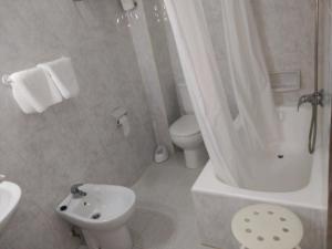 ein Bad mit einem WC, einer Dusche und einem Waschbecken in der Unterkunft Hotel Vaqueros in Langreo