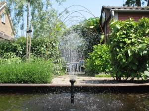 una fuente en medio de un estanque en un jardín en De Krasse Man, en Edam