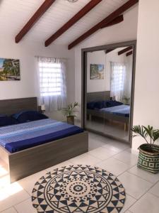a bedroom with two beds and a large mirror at Tigili in Capesterre-Belle-Eau