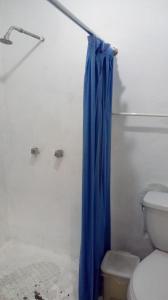 baño con aseo y cortina de ducha azul en Apartamento Acoxpa, en Ciudad de México