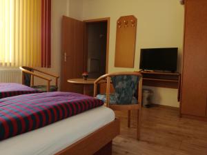 um quarto com uma cama e uma secretária com uma televisão em landgasthof-zur erholung em Schkeuditz