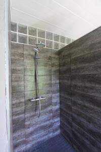 a shower in a bathroom with a glass door at Domaine Du Moulin Neuf in Ambillou