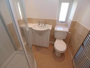 a bathroom with a toilet and a sink and a shower at Drovers Cottage in Hayfield