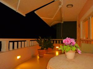 a table with two potted flowers on a balcony at Apartments Jani in Hvar