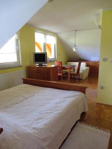 a bedroom with a bed and a table with a tv at Country House Apat in Šoštanj