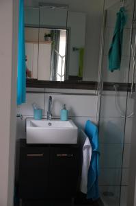 een badkamer met een wastafel en een douche bij Ferienwohnung "EDELweiß" in Inzell