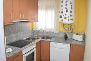 Apartament Montse في Camarles: مطبخ مع مغسلة وموقد فرن علوي