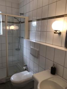 uma casa de banho com um WC, um lavatório e um chuveiro em Strandbungalow / Ferienhaus Ostsee em Scharbeutz