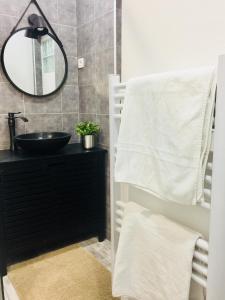 uma casa de banho com um lavatório preto e um espelho em Studio 4 personnes avec piscine, tennis em Hyères