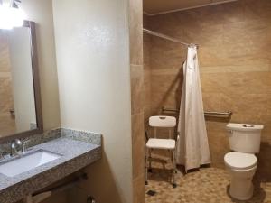 een badkamer met een toilet, een wastafel en een spiegel bij Welcome Inn & Suites Anaheim in Anaheim