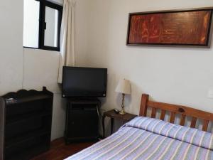 a bedroom with a bed and a flat screen tv at Olga Querida B&B Hostal in Guadalajara