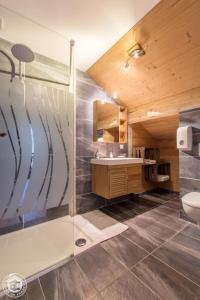 a bathroom with a shower and a toilet and a sink at Auberge Du Fraizier in Thônes