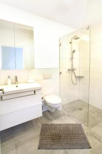 a white bathroom with a toilet and a shower at Ferienwohnung Roxana - am Bodensee in Friedrichshafen