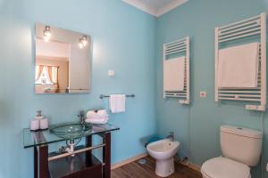 a blue bathroom with a toilet and a sink at Quinta da Paz B&B in Portimão