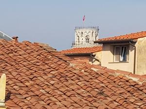 ein Kacheldach mit einem Uhrturm im Hintergrund in der Unterkunft In Piazzetta in Pisa
