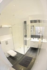 a white bathroom with a shower and a toilet at Apartamenty Zamkowa in Jelenia Góra