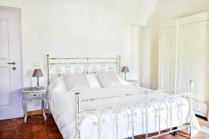 een wit bed in een witte slaapkamer met 2 lampen bij Pietrasanta in Pietrasanta