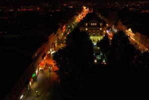 a view of a city at night with lights at Alžbetina- Luxury Large Apartment 21 in Košice