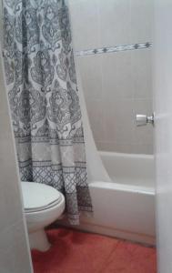 a bathroom with a toilet and a shower curtain at The Artist Place at Oxford New Kingston in Kingston