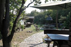 einen Garten mit einer Bank und einem Sonnenschirm in der Unterkunft VillaMirage in Tarnowitz