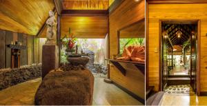 two pictures of a room with a door and a house at Rohotu Fare in Bora Bora