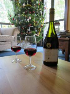 two glasses of wine on a wooden table with a christmas tree at Hawkdun Rise Vineyard & Accommodation in Alexandra