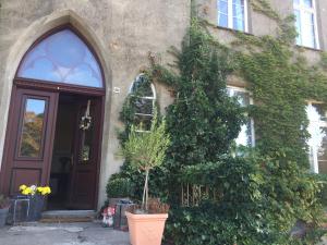 an ivy covered house with a door and a plant at Gutshaus Schwarzenhof in Dargun