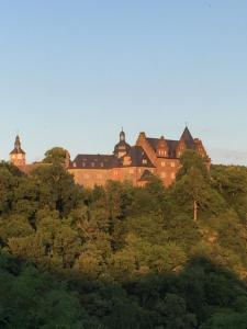 a castle on top of a hill with trees at Ferienwohnung "Zum Schlossblick" in Mansfeld