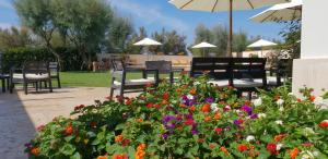 a garden with chairs and flowers and an umbrella at Hotel Corallo in Fregene