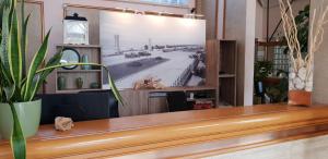 a desk with a potted plant and a large screen at Hotel Corallo in Fregene