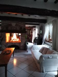 sala de estar con cama y chimenea en Le Moulin des Roses en Neslette