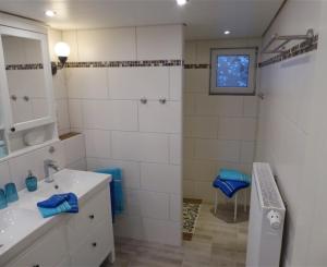 a bathroom with a sink and a shower at Ferienhaus Agnes in Ramberg