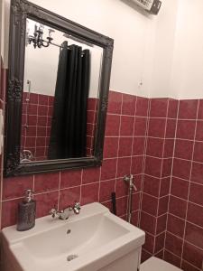 a bathroom with a sink and a mirror and red tiles at VIKARO Apartment in Monschau